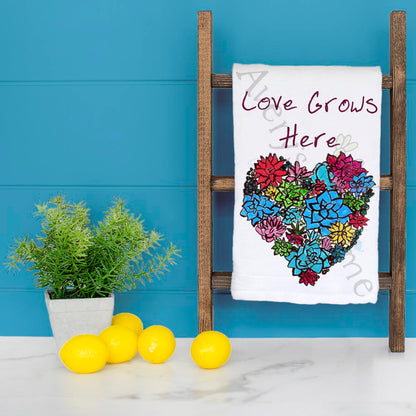 Love Grows Here Tea Towel – Heart & Flowers Gift