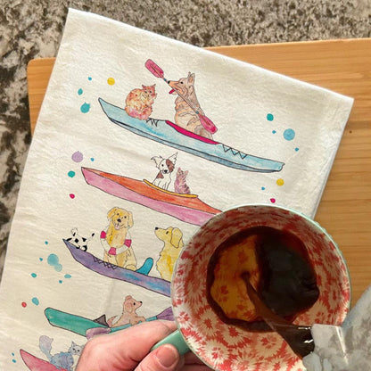 Dogs on Kayaks Tea Towel – Lake or Ocean Decor