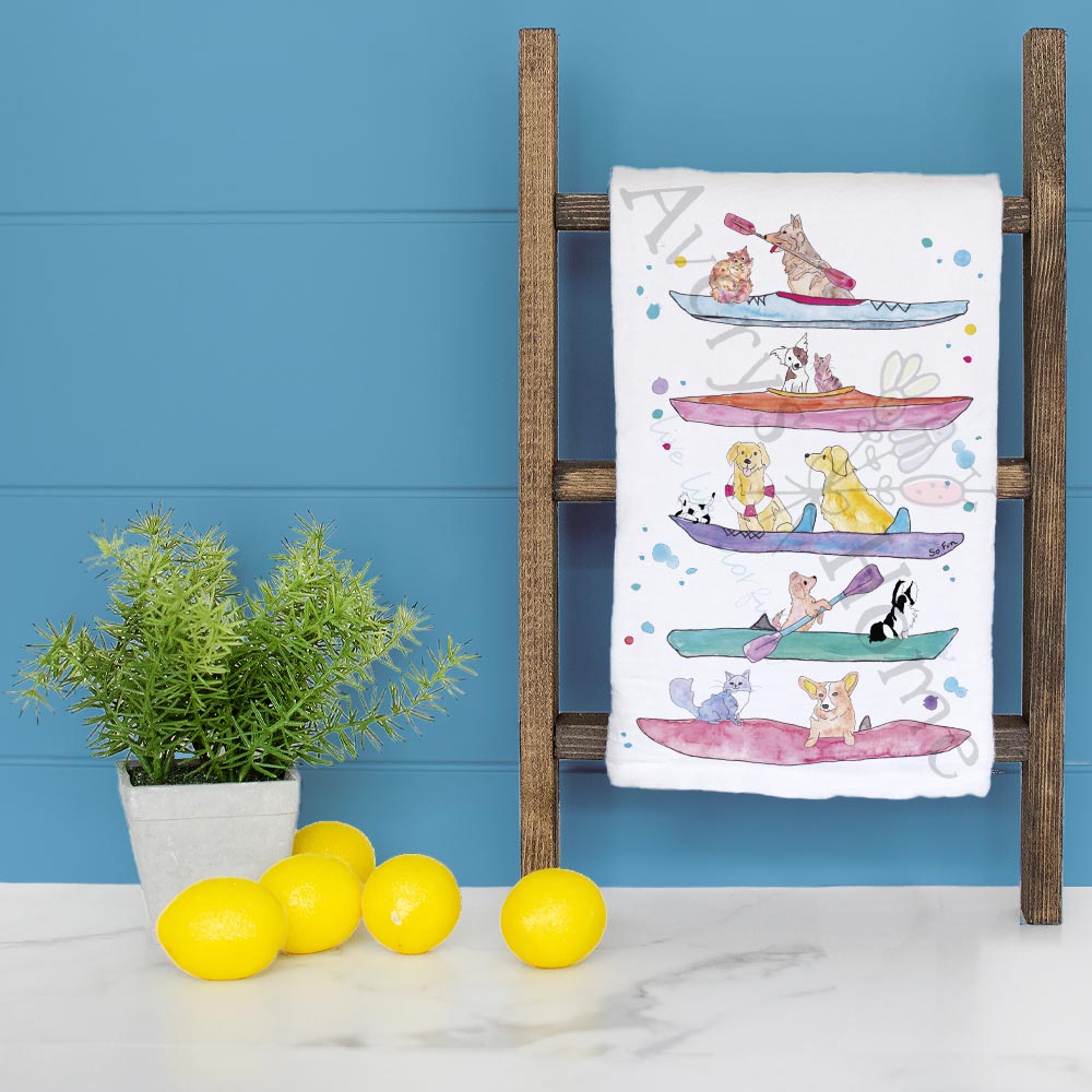 Dogs on Kayaks Tea Towel – Lake or Ocean Decor