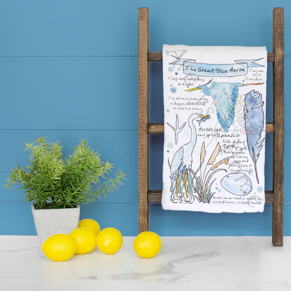 Blue Heron Bird Facts Tea Towel – Coastal Nature Gift