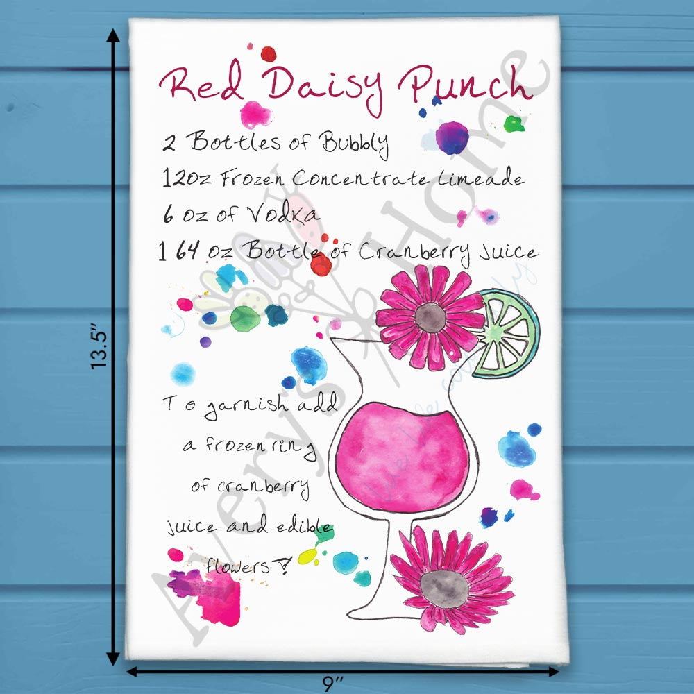 Red Daisy Punch Recipe Tea Towel – Bright, Refreshing & Retro