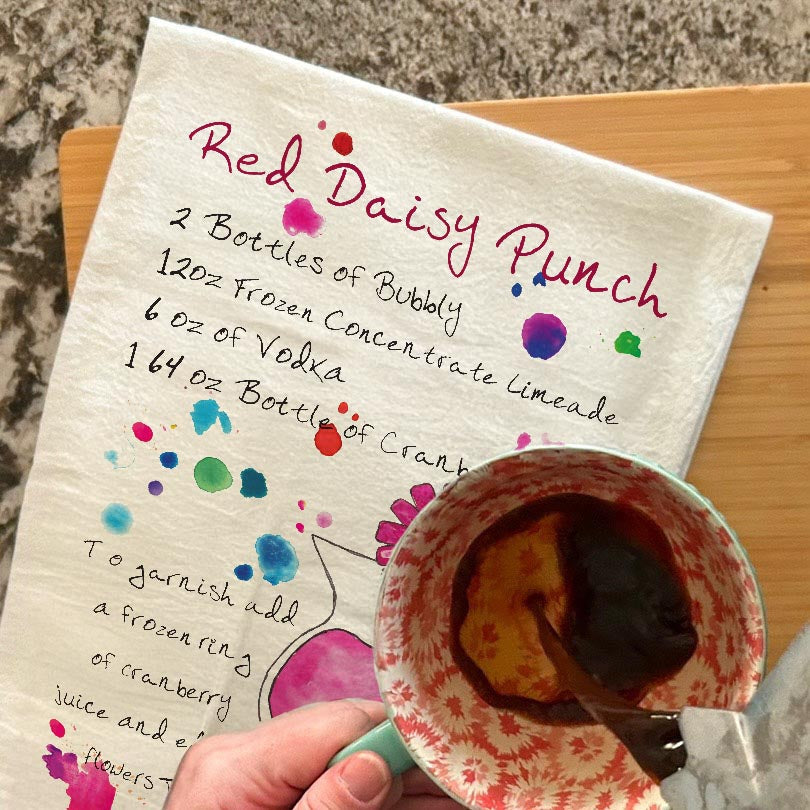 Red Daisy Punch Recipe Tea Towel – Bright, Refreshing & Retro