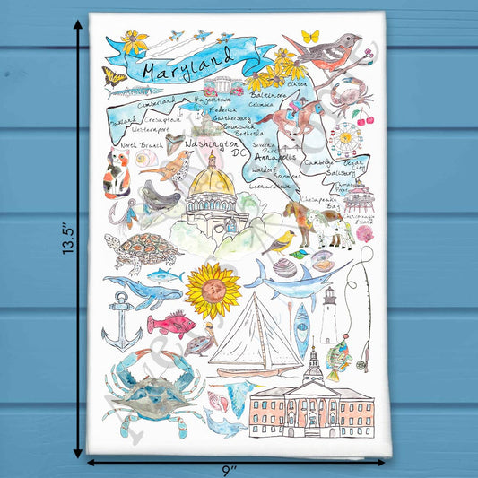 Maryland Map Tea Towel – Sailboats, Shells & Skyline