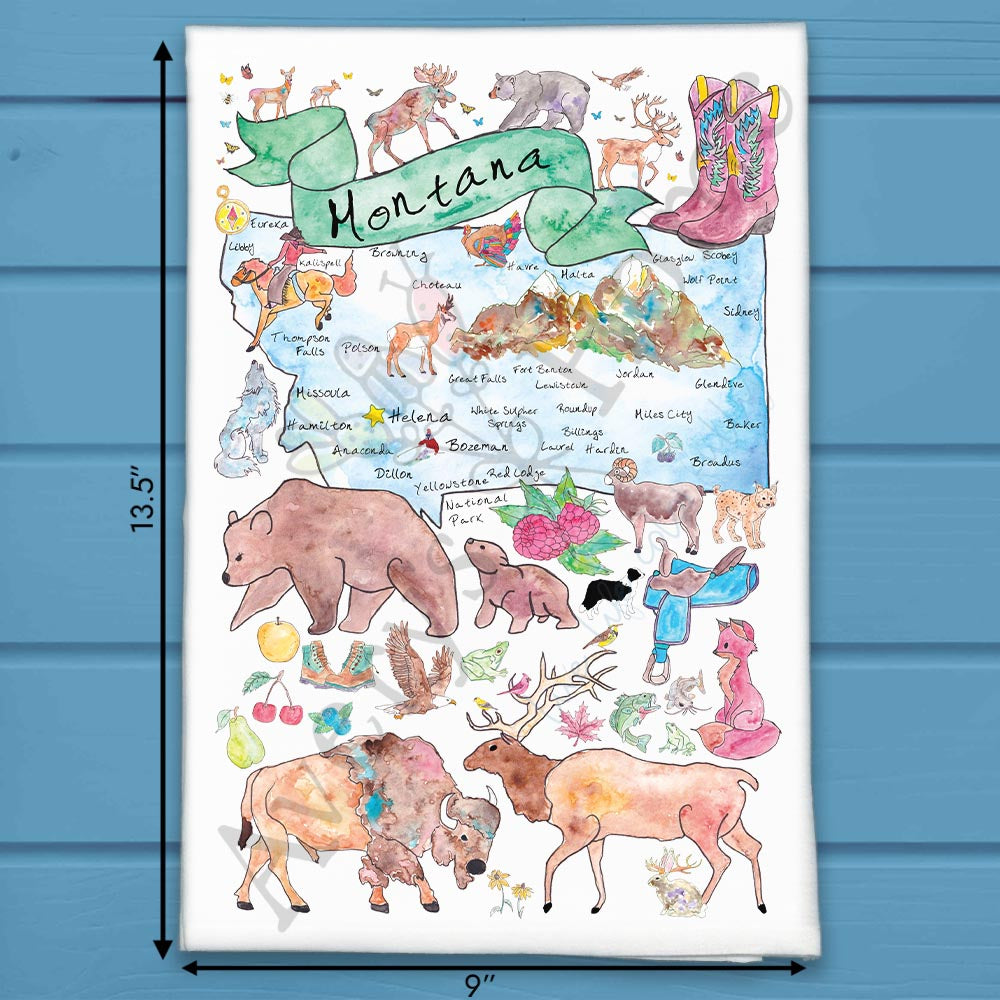 Montana Map Tea Towel – Elk, Peaks & Wild Air