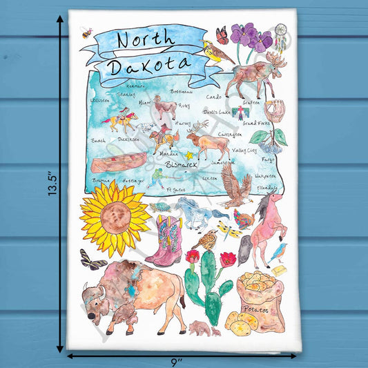 North Dakota Map Tea Towel – Buffalo, Sunflowers & Skies