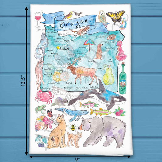 Oregon Map Tea Towel – Trees, Trails & Tidepools