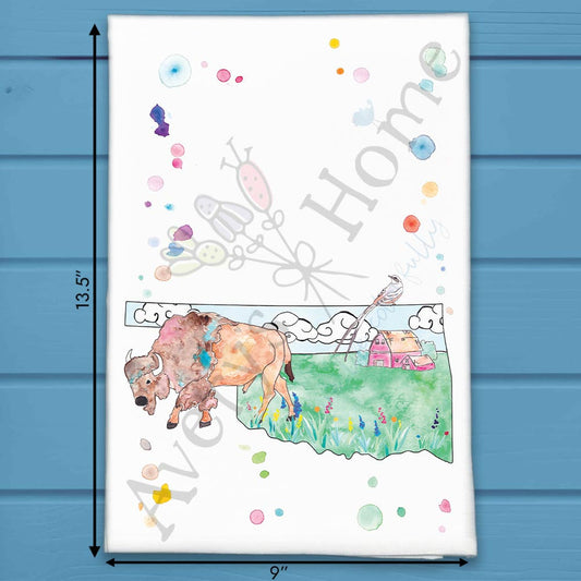 Oklahoma Icons Tea Towel – Bison, Windmills & Roots