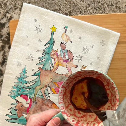 Woodland Animals Christmas Tree Tea Towel – Cozy Critters