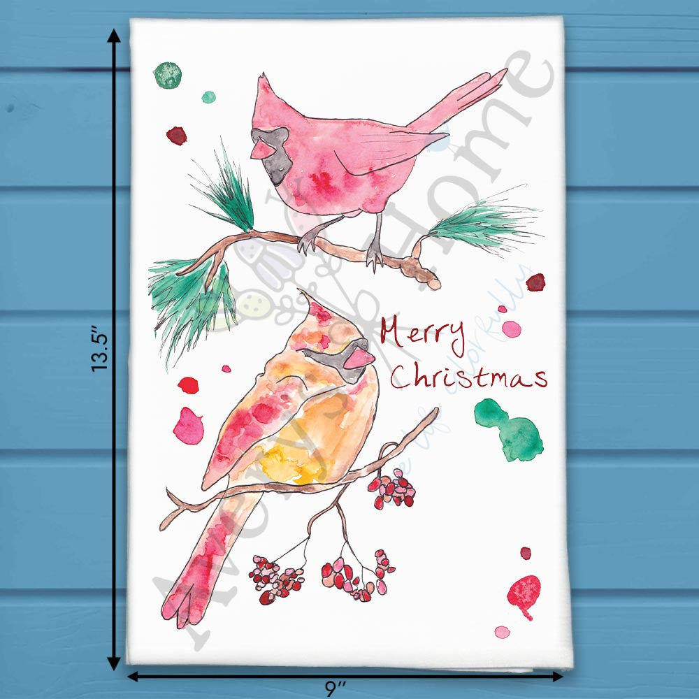 Merry Christmas Cardinal Tea Towel – Peaceful Bird Scene