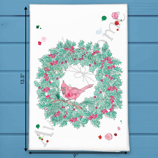 Cardinal Christmas Wreath Tea Towel – Classic Seasonal Symbol