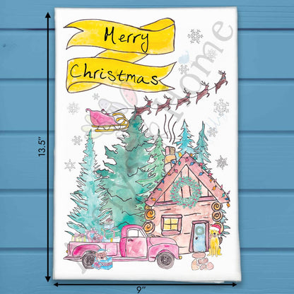 Christmas Cabin Tea Towel – Dog, Santa & Cozy Snowfall