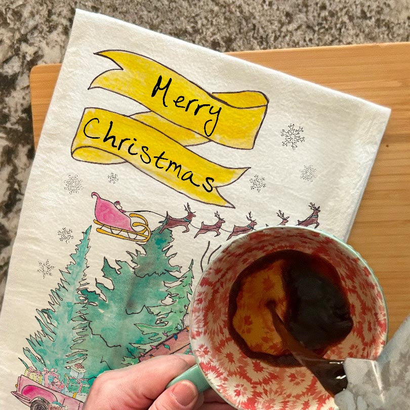 Christmas Cabin Tea Towel – Dog, Santa & Cozy Snowfall