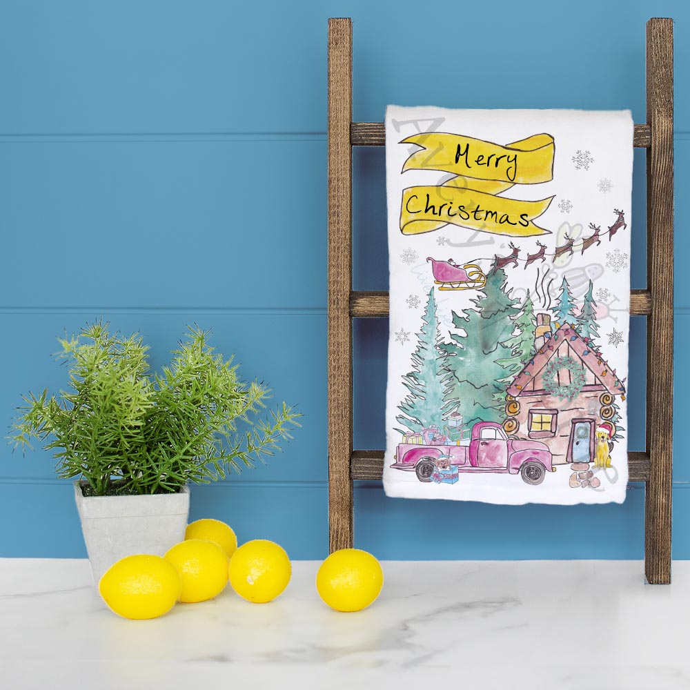 Christmas Cabin Tea Towel – Dog, Santa & Cozy Snowfall