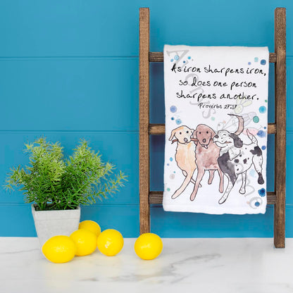Iron Sharpens Iron Dog Bible Verse Kitchen Décor Tea Towel