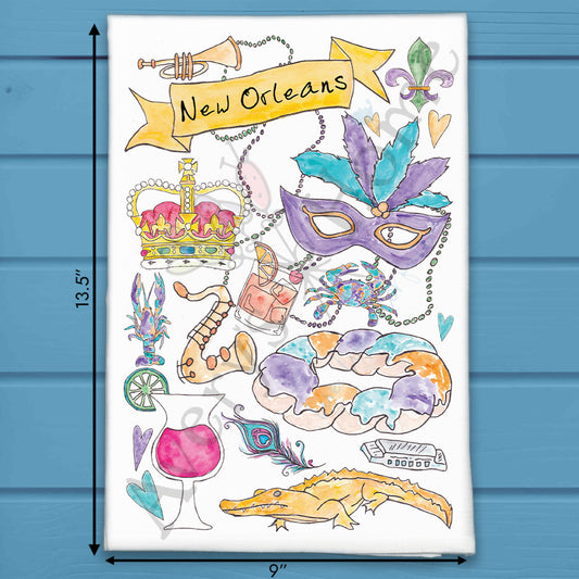 New Orleans Party Icons Tea Towel – Mardi Gras City Decor