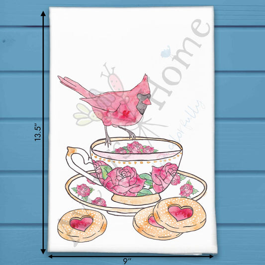 Cardinal Rose Teacup & Heart Cookies  Tea Towel