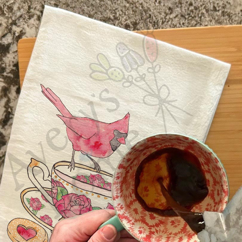 Cardinal Rose Teacup & Heart Cookies  Tea Towel