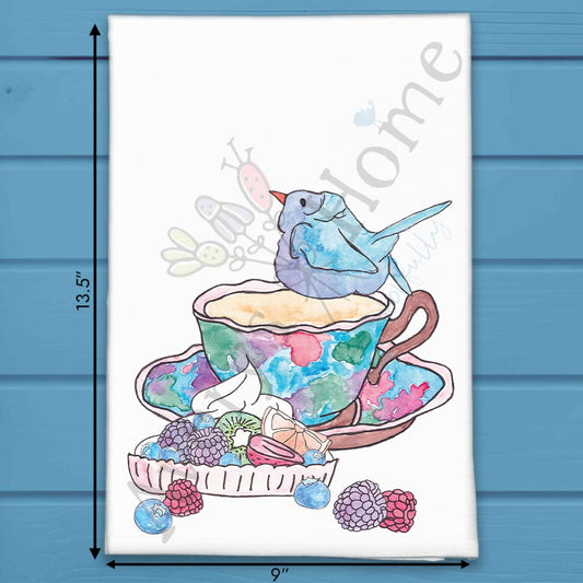 Blue Bird Tea Cup and Fruit Tart Tea Towel
