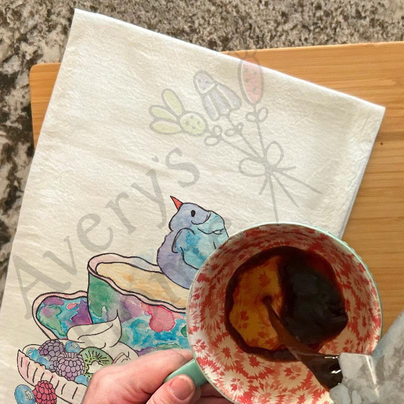 Blue Bird Tea Cup and Fruit Tart Tea Towel