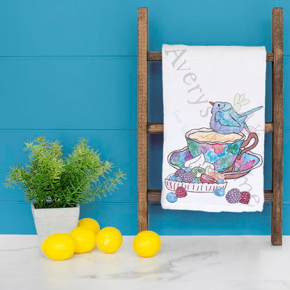 Blue Bird Tea Cup and Fruit Tart Tea Towel