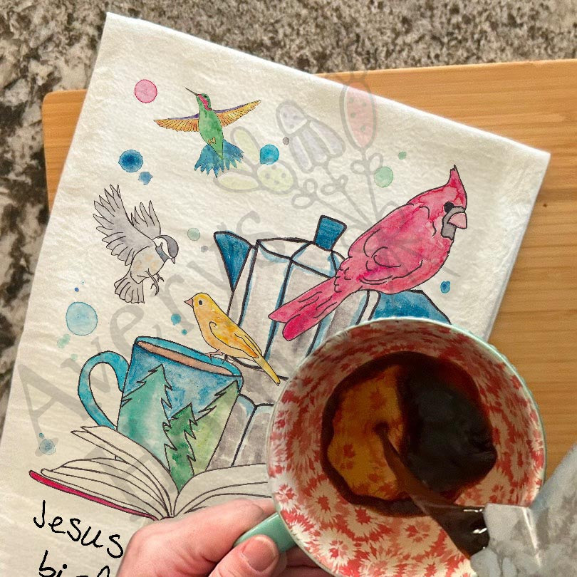 Jesus, Coffee & Birdwatching Kitchen Home Décor Tea Towel