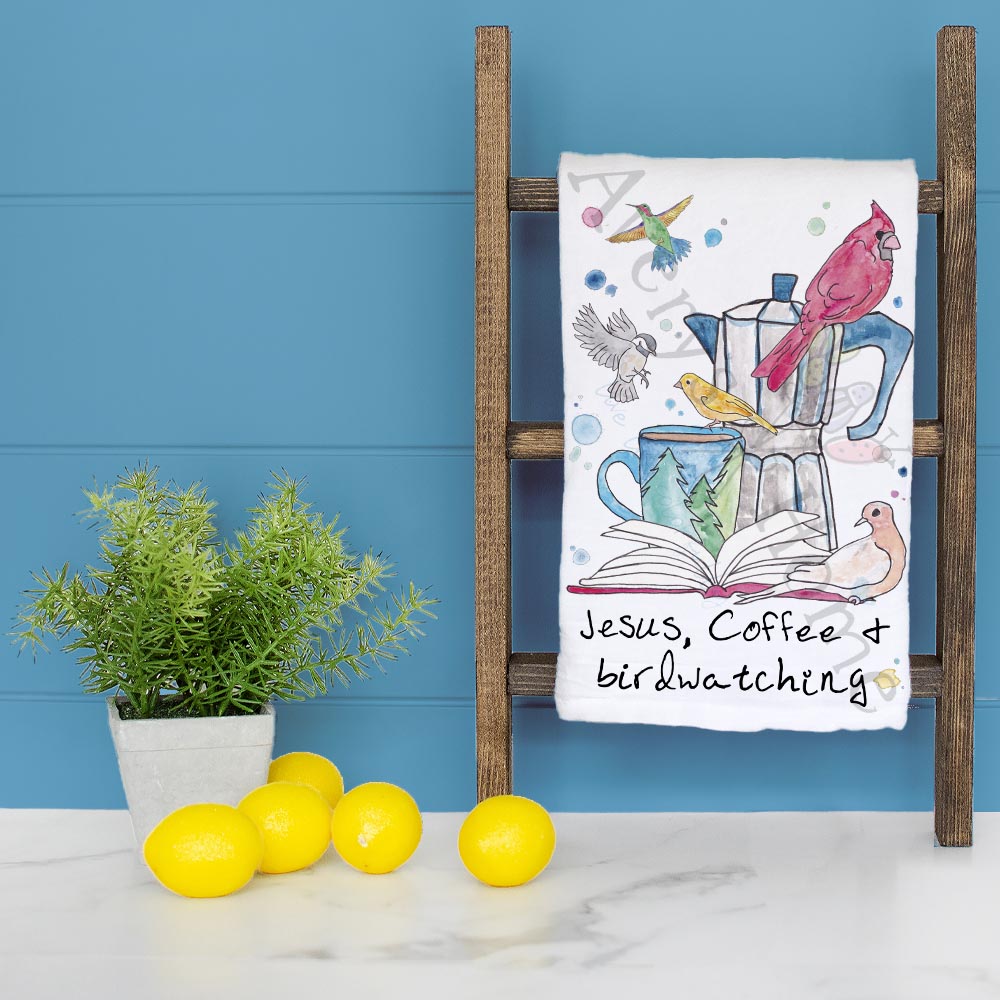 Jesus, Coffee & Birdwatching Kitchen Home Décor Tea Towel