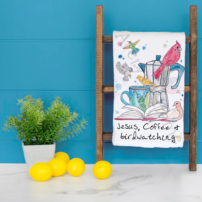 Jesus, Coffee & Birdwatching Kitchen Home Décor Tea Towel