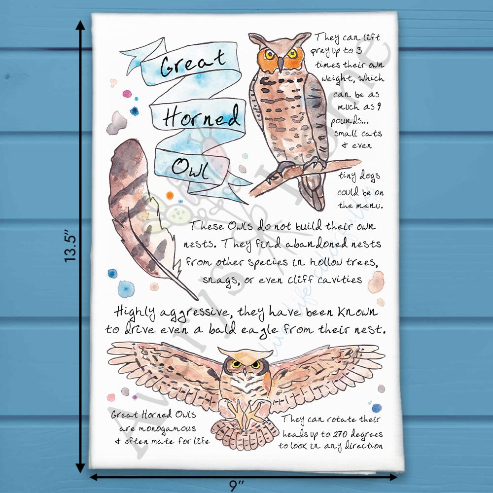 Great Horned Owl Bird Facts Garden Kitchen Décor Tea Towel