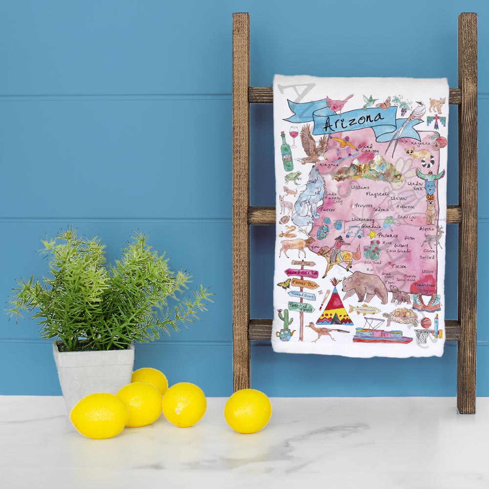 Arizona State Map Tea Towel – Saguaro & Sunset Vibes