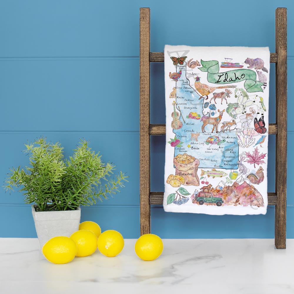 Idaho State Map Tea Towel – Potatoes, Peaks & Pines