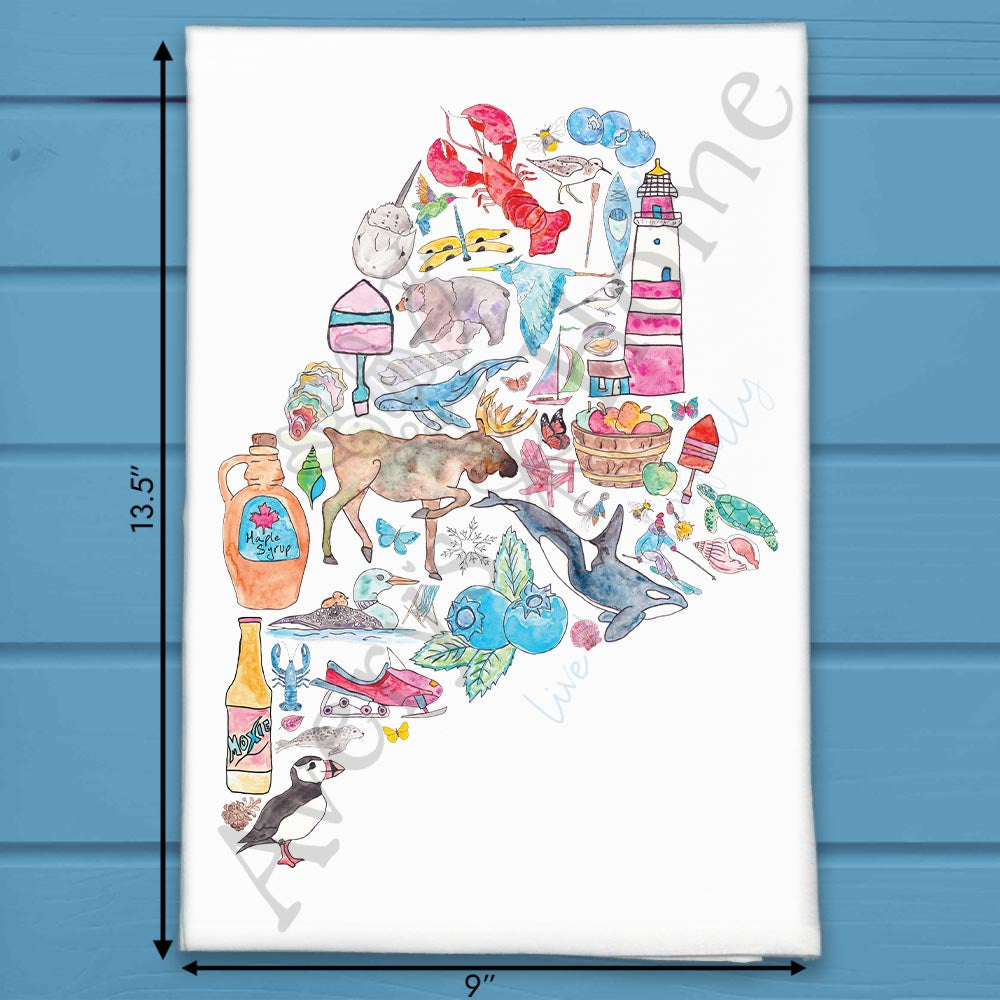 Maine State Icons Tea Towel – Coastal Life & Claws