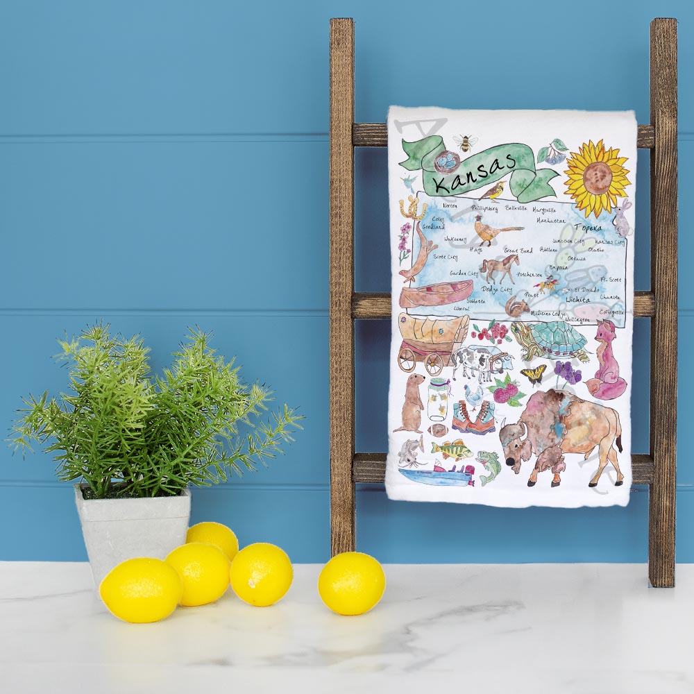 Kansas Map Tea Towel – Fields, Storms & Sunflowers