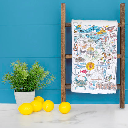 Maryland Map Tea Towel – Sailboats, Shells & Skyline