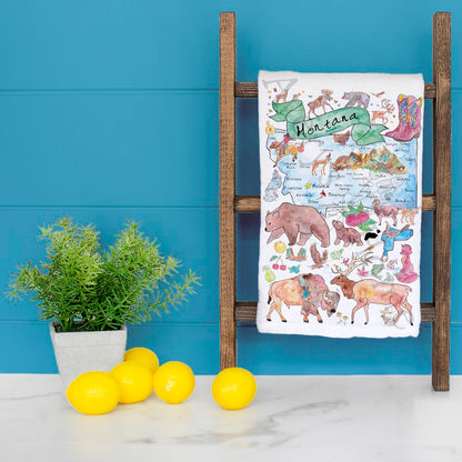 Montana Map Tea Towel – Elk, Peaks & Wild Air