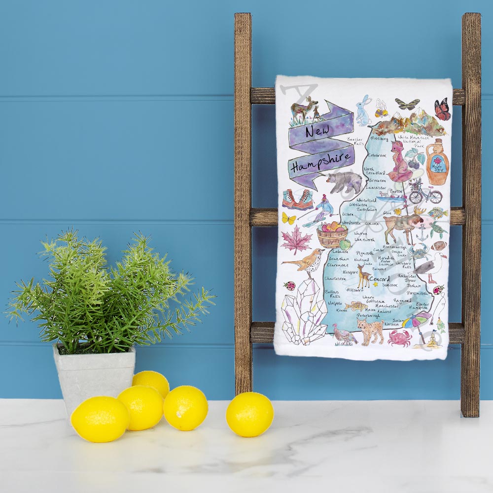 New Hampshire Map Tea Towel – Covered Bridges & Peaks