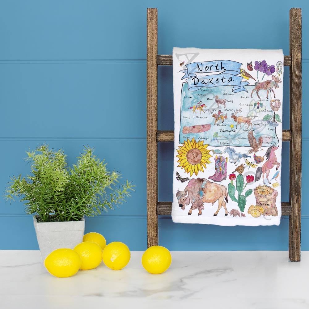 North Dakota Map Tea Towel – Buffalo, Sunflowers & Skies