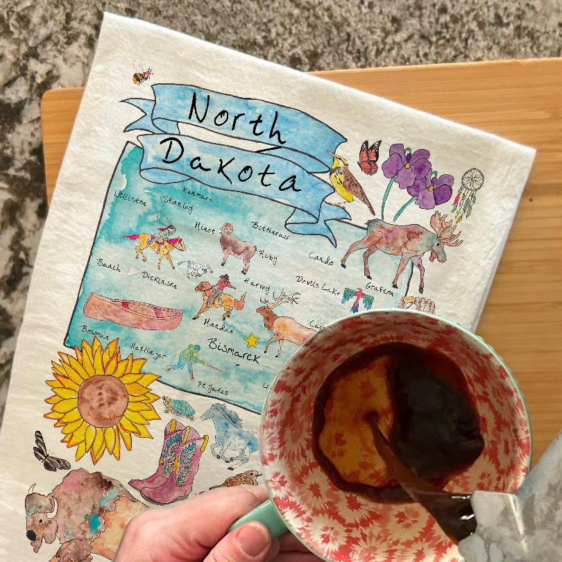 North Dakota Map Tea Towel – Buffalo, Sunflowers & Skies