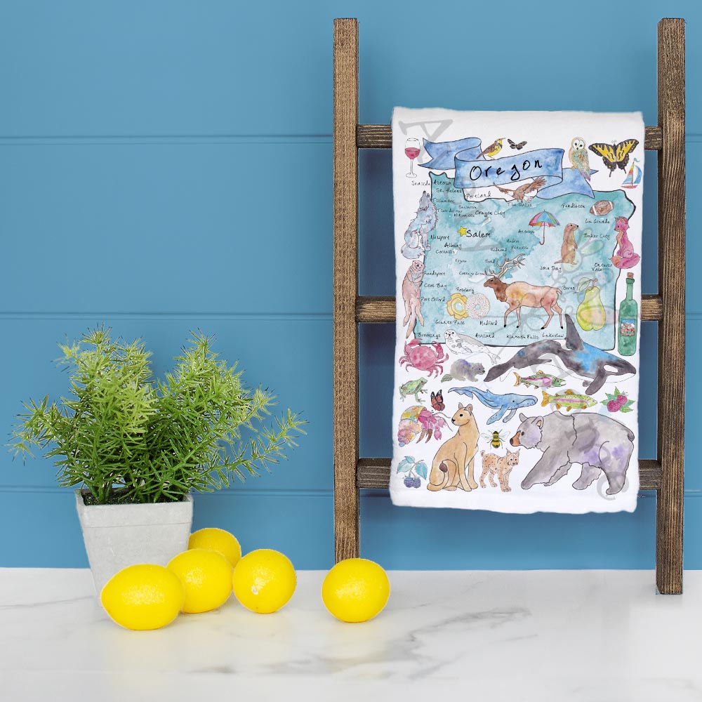 Oregon Map Tea Towel – Trees, Trails & Tidepools