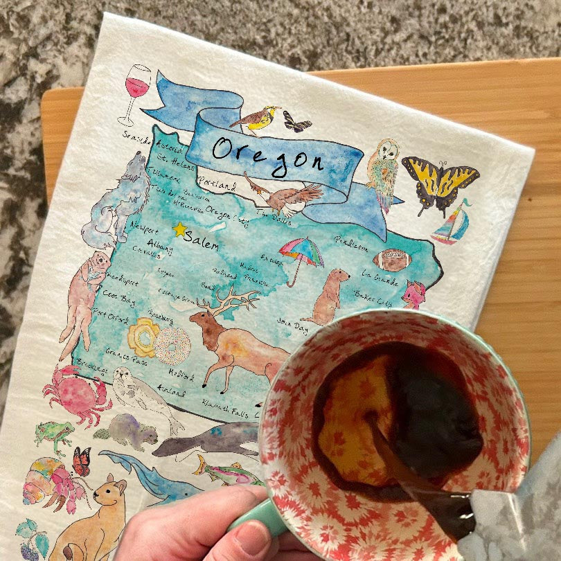Oregon Map Tea Towel – Trees, Trails & Tidepools