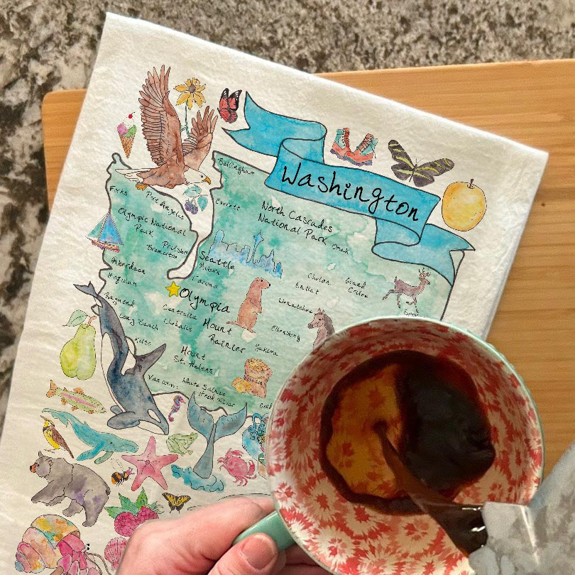 Washington Map Tea Towel – Coffee, Cascades & Coast