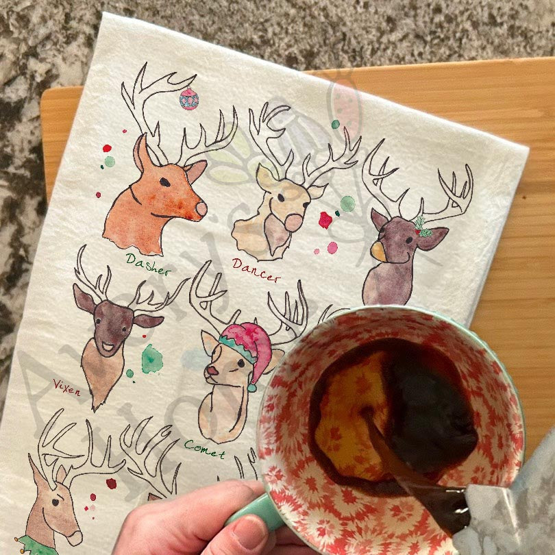 Santa's Reindeer Christmas Kitchen Décor Tea Towel
