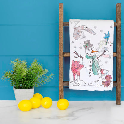 Winter Woodland Snowman Kitchen Holiday Décor Tea Towel