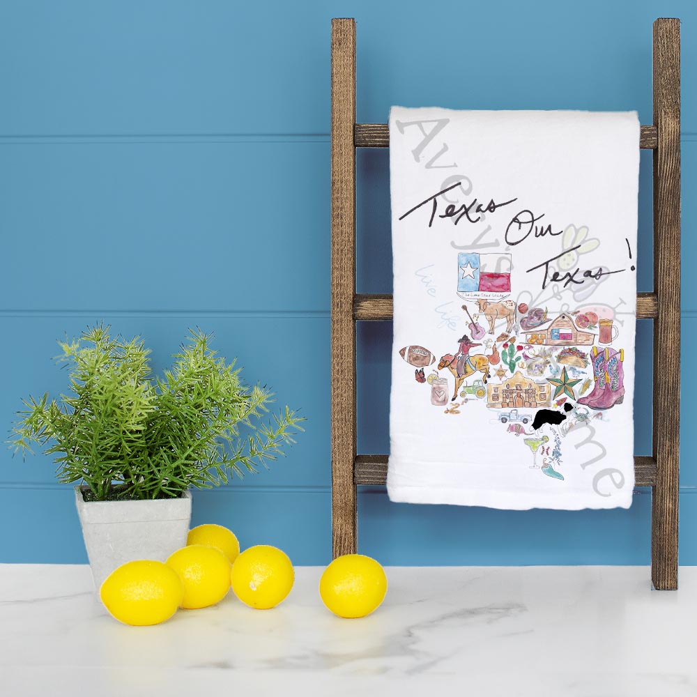 Texas Our Texas Tea Towel – Flag, Stars & Longhorns