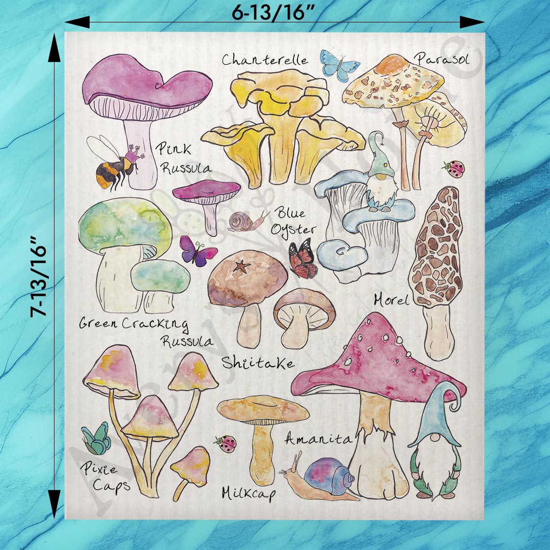 Mushroom Species & Gnome Garden Swedish Dishcloth – Woodland Decor