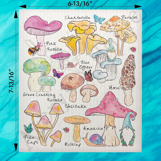 Mushroom Species & Gnome Garden Swedish Dishcloth – Woodland Decor