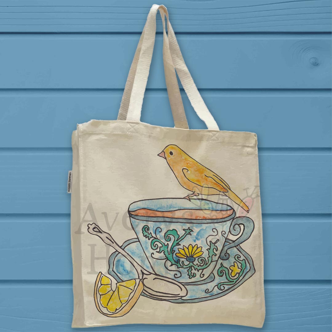Teacup, Lemon & Yellow Bird Organic Cotton Tote Bag