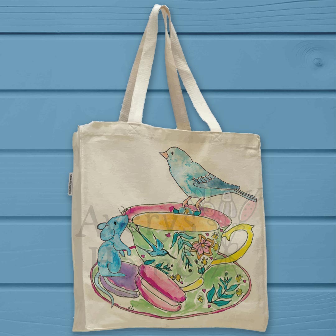 Teacup, Macaroons, Mouse & Blue Bird Organic Cotton Tote Bag