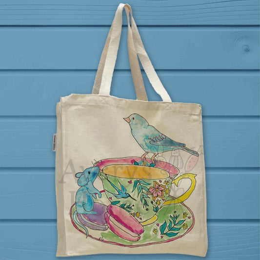 Teacup, Macaroons, Mouse & Blue Bird Organic Cotton Tote Bag