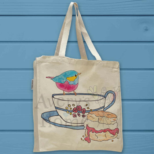 Teacup, Scone & Colorful Bird Organic Cotton Tote Bag