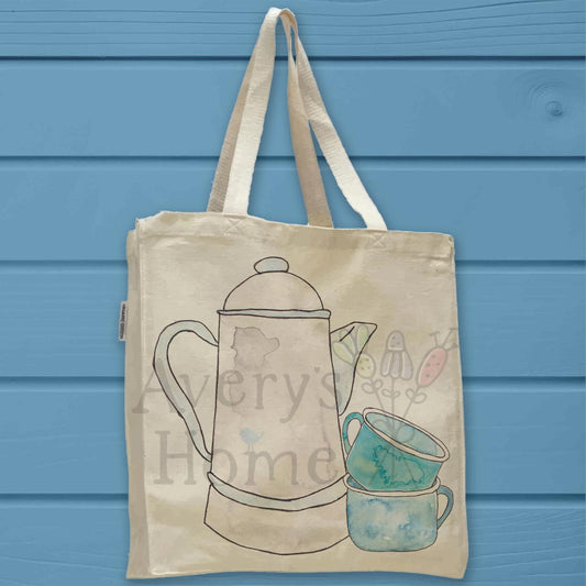 French Press Coffee Pot and Cups Organic Cotton Tote Bag